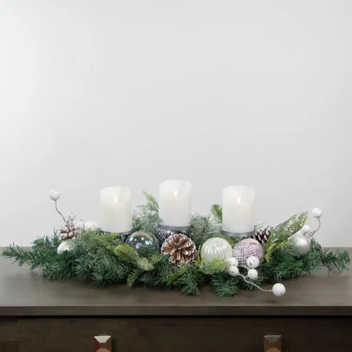 Pine and Berries Triple Candle Holder with Iridescent Christmas Ornaments - 32"