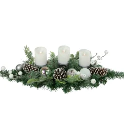 Pine and Berries Triple Candle Holder with Iridescent Christmas Ornaments - 32