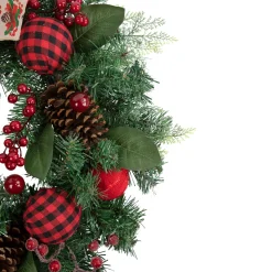 Pine Artificial Christmas Wreath with Bows and Plaid Ornaments - 24