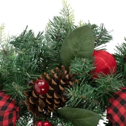 Pine Artificial Christmas Wreath with Bows and Plaid Ornaments - 24