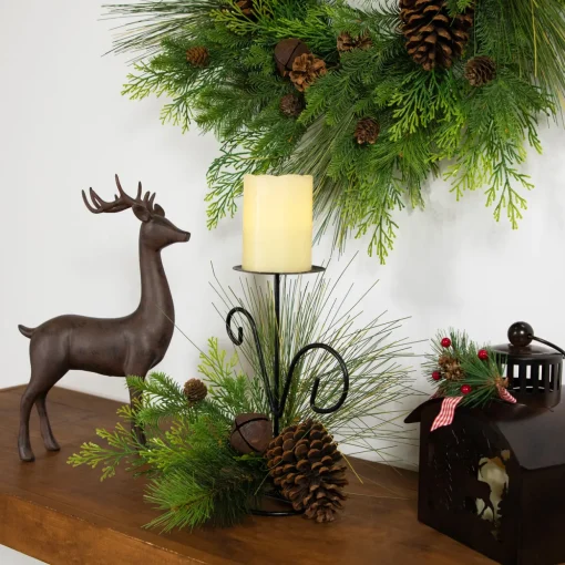 Pine Cones and Jingle Bell Christmas Pillar Candle Holder - 10"