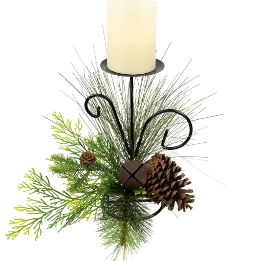 Pine Cones and Jingle Bell Christmas Pillar Candle Holder - 10"