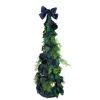 Pine, Jingle Bell and Plaid Ribbon Christmas Cone Tree - 18" - Green and Blue