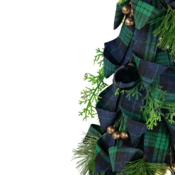 Pine, Jingle Bell and Plaid Ribbon Christmas Cone Tree - 18" - Green and Blue