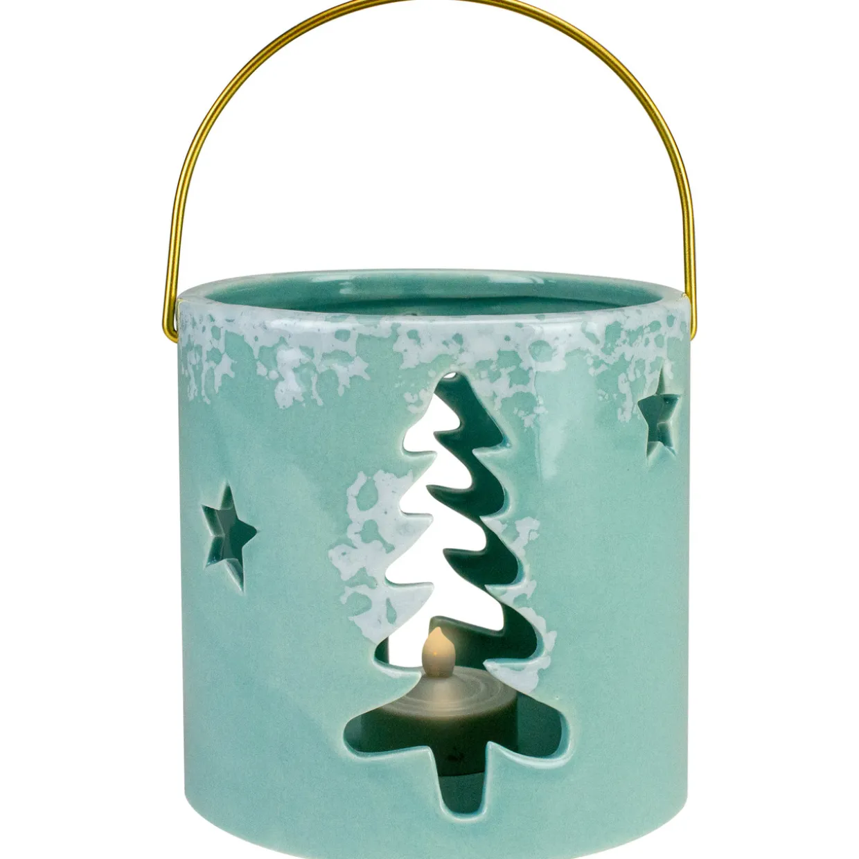 Pine Tree and Star Cutout Tea Light Christmas Candle Holder - 4.25" - Green