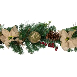 Pine with Burlap Poinsettias and Jute Ornaments Christmas Garland - 6' x 10" - Unlit