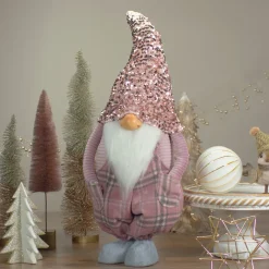 Plaid Christmas Gnome with Sequin Hat - 24" - Pink and Gray