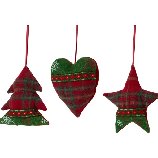 Plaid Heart, Tree and Star Christmas Ornaments - 5" - Red and Green - Set of 3