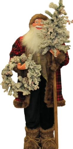 Plaid Standing Santa with Wreath & Alpine Tree Christmas Figure - 4'