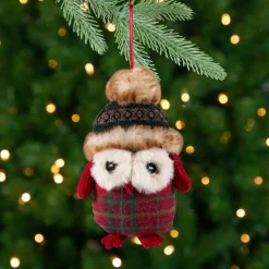 Plush Baby Owl in Plaid Christmas Ornament - 7"