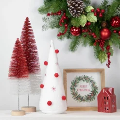 Plush Christmas Cone Tree with Pompom Ornaments - 11" - White and Red