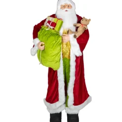 Plush Santa Claus with Teddy Bear and Gift Bag Christmas Figure - 6' - Red and Green