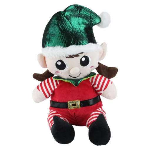 Plush Sitting Boy and Girl Christmas Elf Figures - 13" - Red and Green - Set of 2