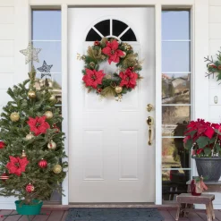 Poinsettias and Ball Ornaments Artificial Christmas Wreath - 24-Inch, Unlit