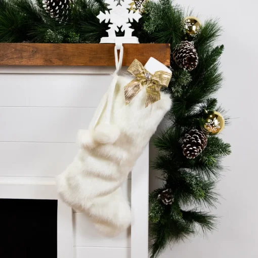 Polar Bear Faux Fur Christmas Stocking with Pom Poms - 20.5" - White