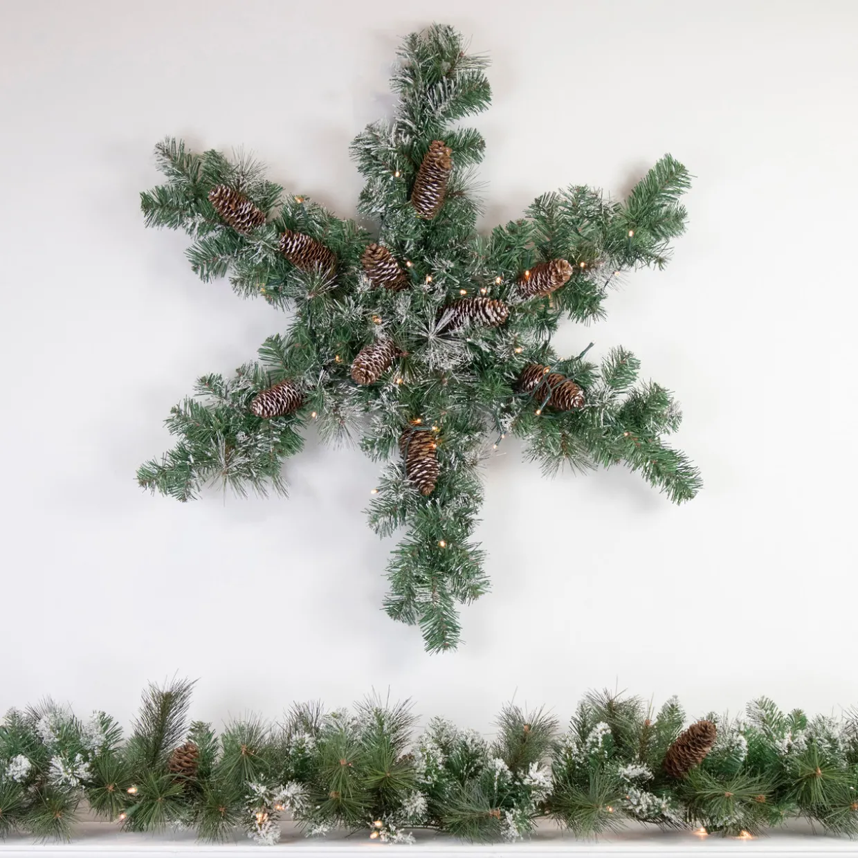 Pre-Lit Battery Operated Frosted Mixed Pine Christmas Snowflake Wreath - 32" - Warm White LED Lights