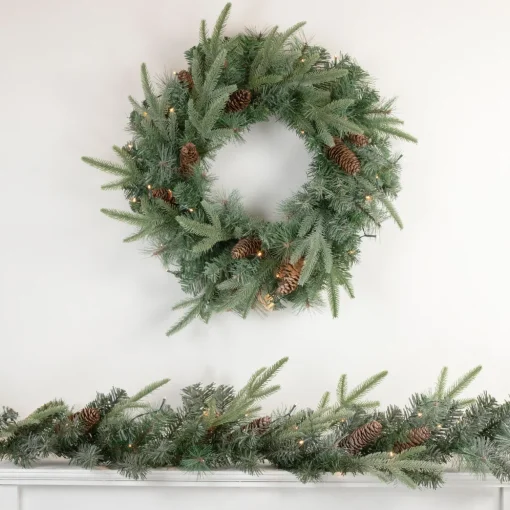 Pre-Lit Battery Operated Mixed Pine and Pine Cone Christmas Wreath - 24" - Warm White LED Lights