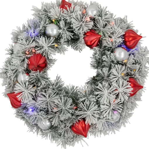 Pre-Lit Battery Operated Snowy Bristle Pine Christmas Wreath - 24" - Dual Color LED Lights