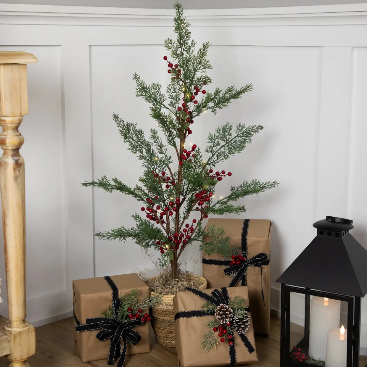 Pre-Lit Berries and Pine Artificial Potted Christmas Tree - 3' - Warm White LED Lights