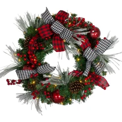 Pre-Lit Plaid and Houndstooth Artificial Christmas Wreath - 24" - Warm White Lights