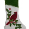 Quilted White & Green Velour Red Cadinal Bird & Holly Christmas Holiday Stocking