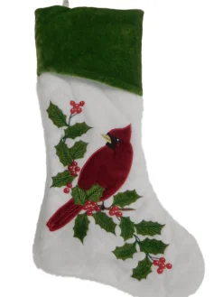 Quilted White & Green Velour Red Cadinal Bird & Holly Christmas Holiday Stocking