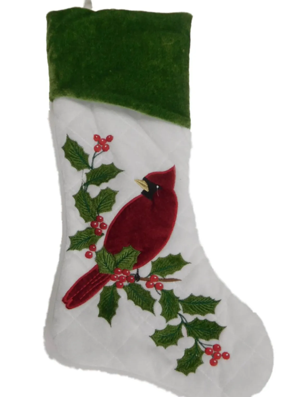 Quilted White & Green Velour Red Cadinal Bird & Holly Christmas Holiday Stocking