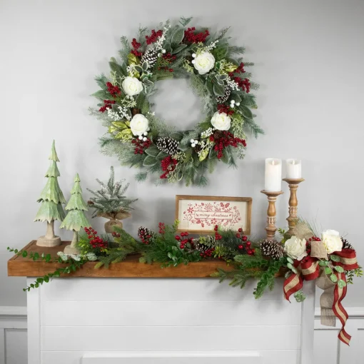 Real Touch™? Mixed Foliage and Roses Artificial Christmas Wreath 30" - Unlit
