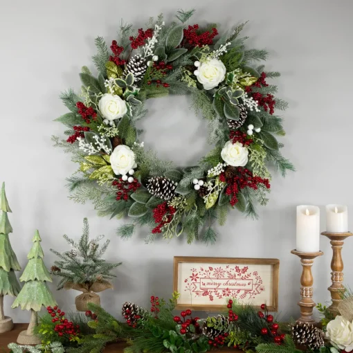Real Touch™? Mixed Foliage and Roses Artificial Christmas Wreath 30" - Unlit