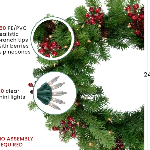 Real Touch™? Pre-lit Noble Fir with Berries Artificial Christmas Wreath - 24" - Clear Lights