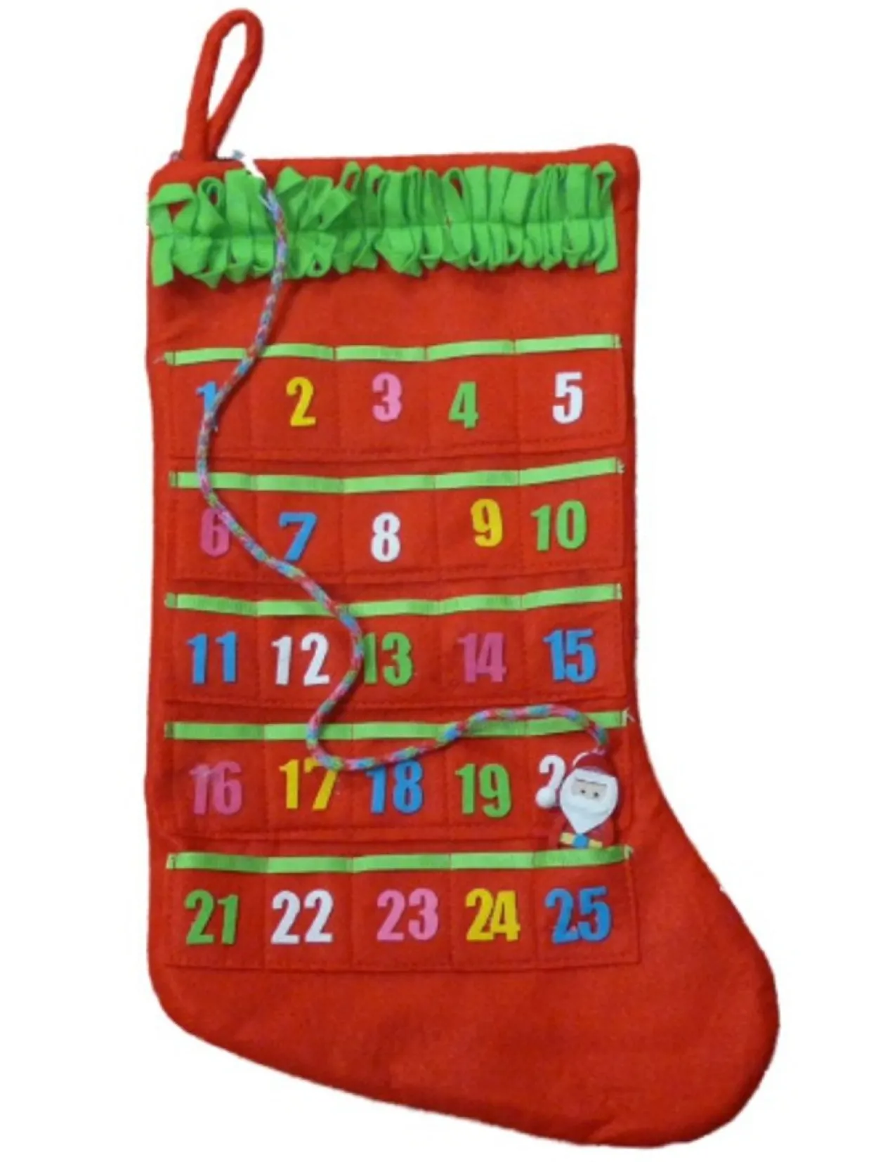 Red Advent Calendar Christmas Stocking with Santa & Embellishments