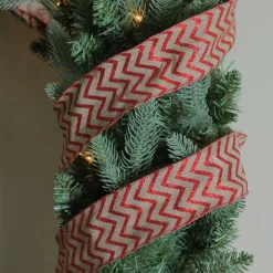 Red and Beige Chevron Wired Christmas Craft Ribbon 2.5