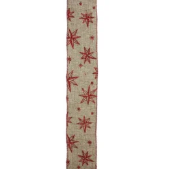 Red and Beige Star Wired Christmas Craft Ribbon 2.5" x 10 Yards
