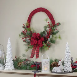 Red and Black Buffalo Plaid and Berry Artificial Christmas Wreath - 24-Inch, Unlit