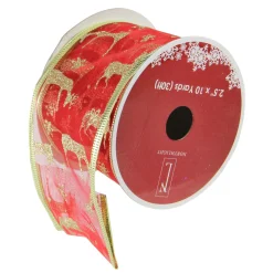 Red and Gold Glittering Reindeer Wired Christmas Craft Ribbon 2.5" x 10 Yards