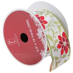 Red and Gold Poinsettia Print Wired Christmas Craft Ribbon 2.5" x 10 Yards