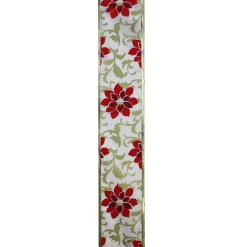 Red and Gold Poinsettia Print Wired Christmas Craft Ribbon 2.5" x 10 Yards