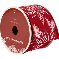 Red and White Floral Print Wired Craft Christmas Ribbon 2.5" x 10 Yards