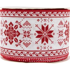 Red and White Knit Pattern Wired Craft Christmas Ribbon 2.5