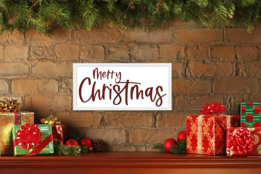 Red and White Merry Christmas 9.5" x 18.5" Framed Christmas Wall Decor Art Print Sign Poster in a Natural Wooden Frame with UV Acrylic and Hangers