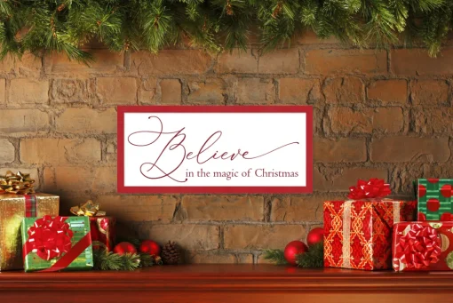 Red Believe in the Magic of Christmas 11.5" x 25.5" Framed Christmas Wall Decor Sign Poster in a Red Wooden Frame with UV Acrylic and Hangers