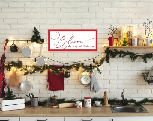 Red Believe in the Magic of Christmas 11.5" x 25.5" Framed Christmas Wall Decor Sign Poster in a Red Wooden Frame with UV Acrylic and Hangers