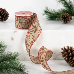 Red Berry Burlap Style Wired Craft Christmas Ribbon 2.5" x 10 Yards