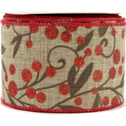 Red Berry Burlap Style Wired Craft Christmas Ribbon 2.5