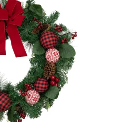 Red Bow and Mixed Foliage Artificial Christmas Wreath with Ornaments, 30-Inch