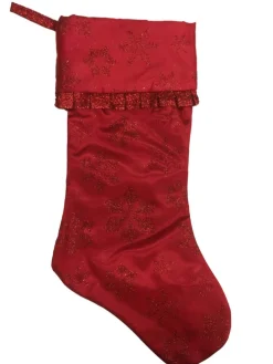 Red Glitter Satin Snowflake Christmas Holiday Stocking With Ruffle