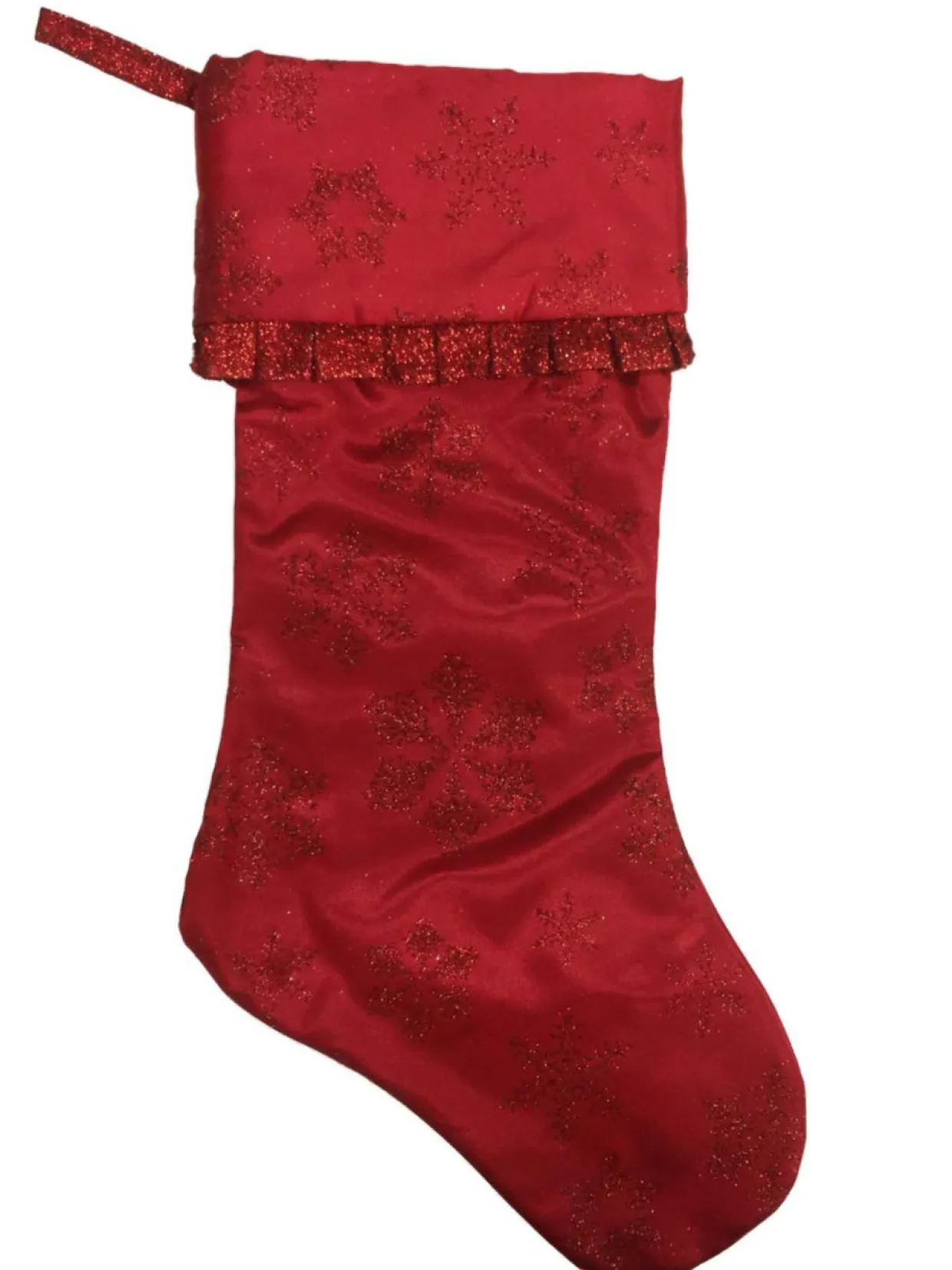 Red Glitter Satin Snowflake Christmas Holiday Stocking With Ruffle