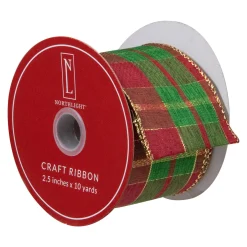 Red, Green and Gold Plaid Christmas Wired Craft Ribbon 2.5