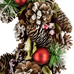 Red Ornament with Frosted Pinecone and Pine Needle Christmas Wreath, 13.5-Inch, Unlit