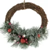 Red Ornaments, Pine Needle and Stars Frosted Christmas Wreath, 13.75-Inch